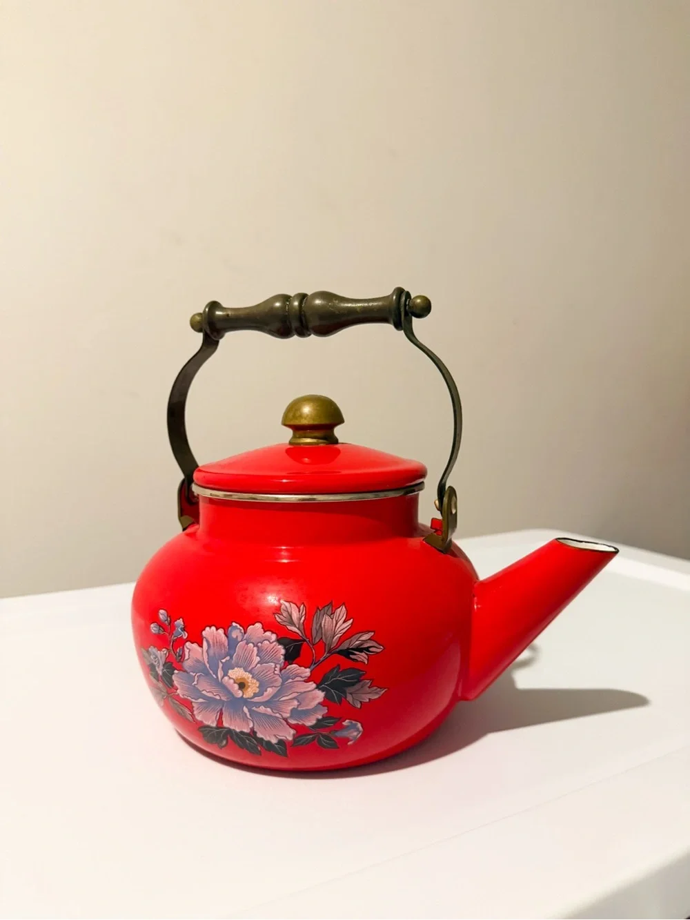 Vintage Japanese Enamel Tea Kettle Floral Print Red with Brass Handle